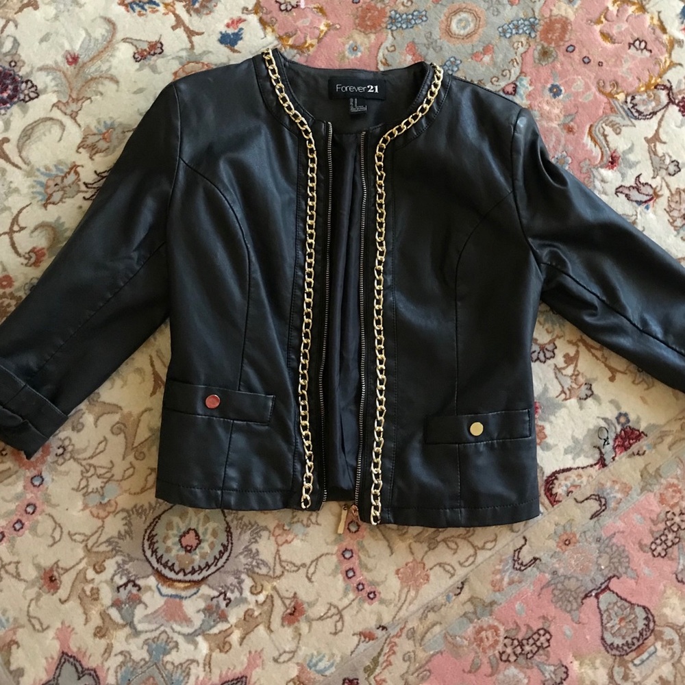 Faux leather jacket with chain frontal